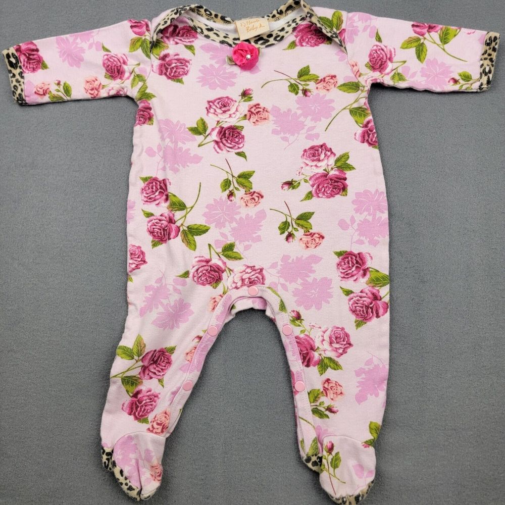 Haute Baby Shabby Pink Floral Roses Romper Footie Leopard 6-9